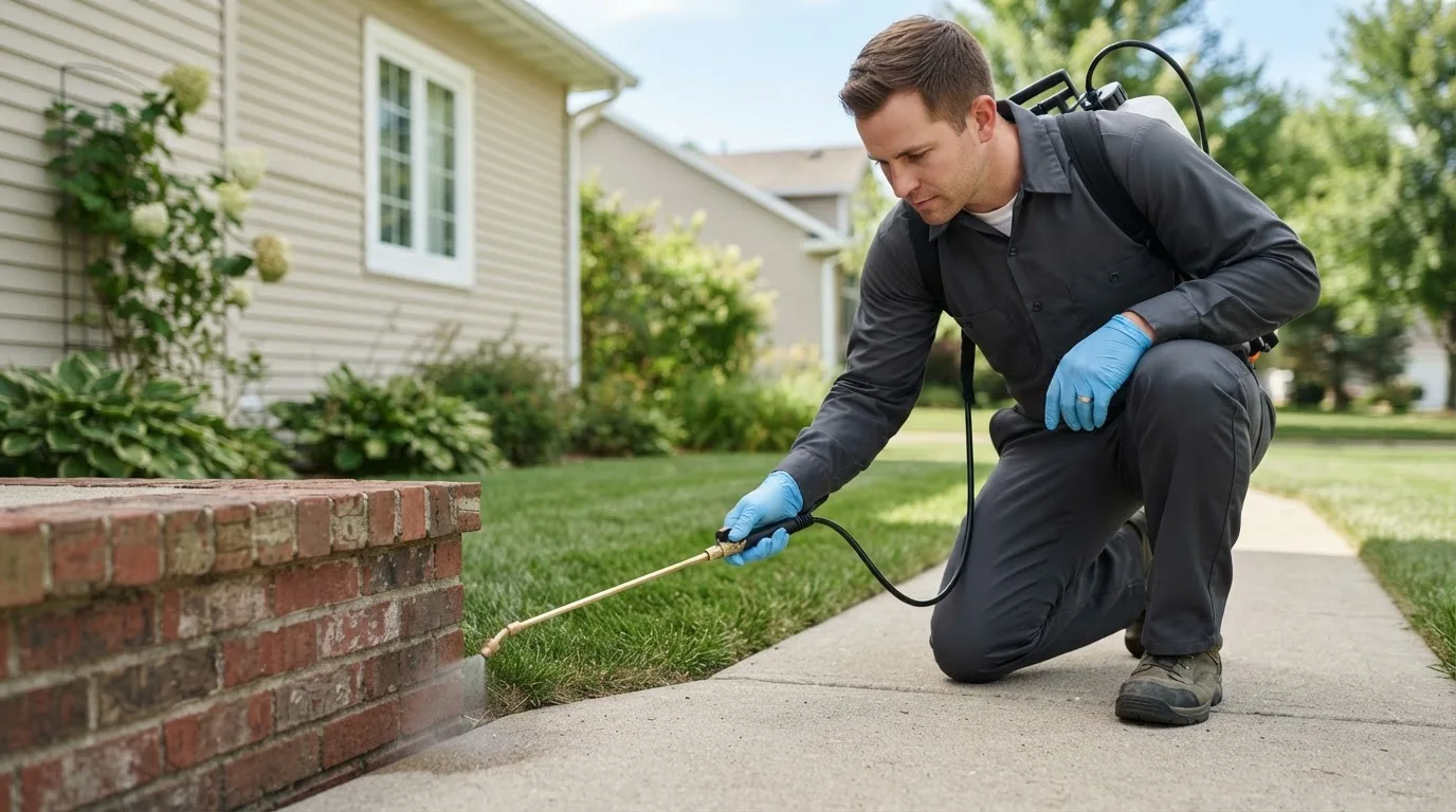 Pest control technician treating a home near Timber Lake, SD